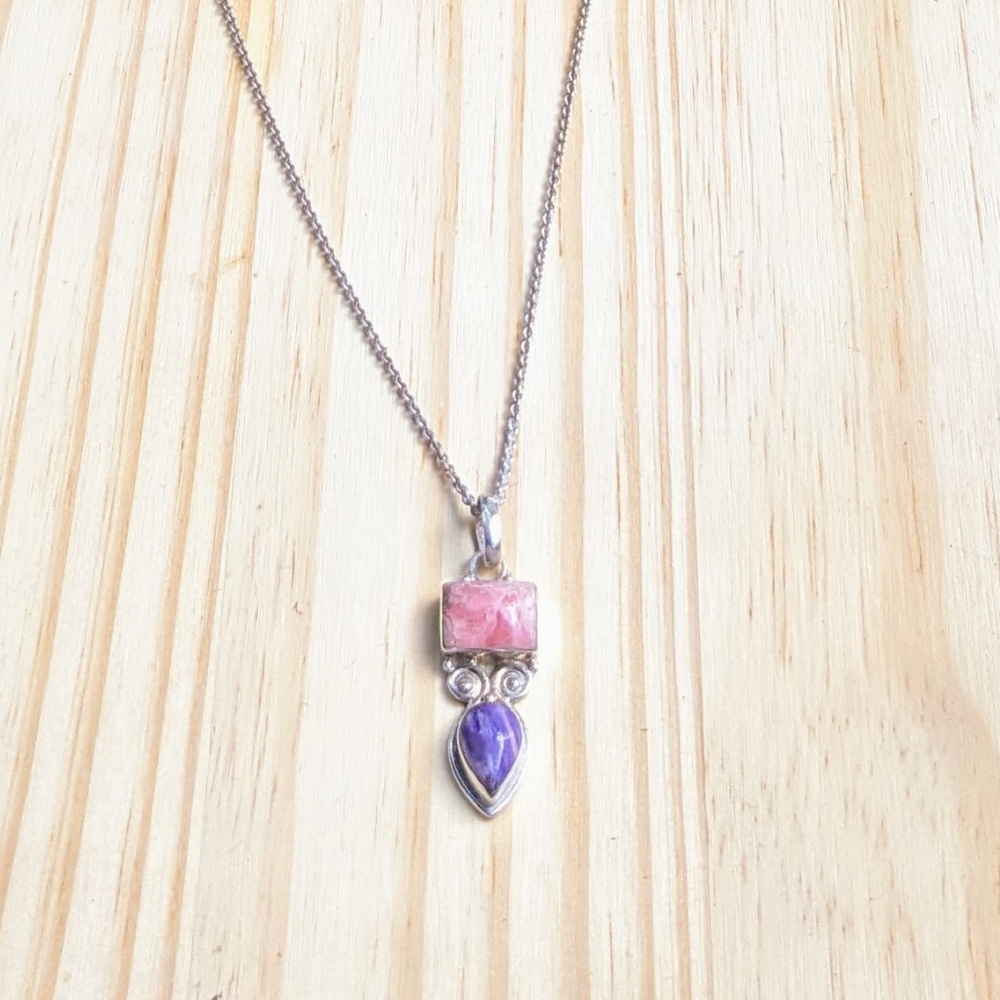Rhodochrosite, Charoite and Sterling Silver Necklace - Picture 4 of 4